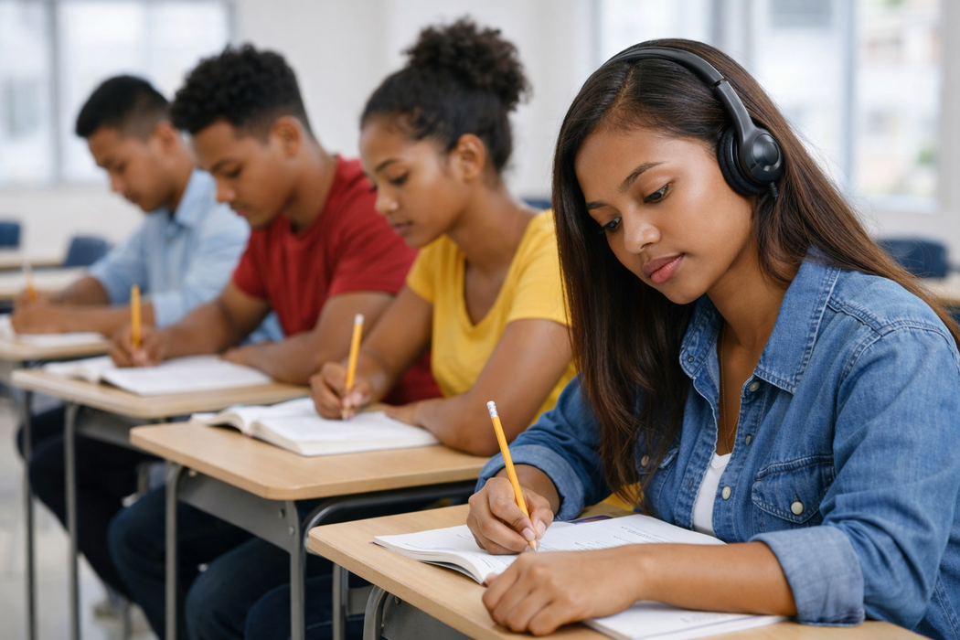 Groupe d’adultes passant un examen de français