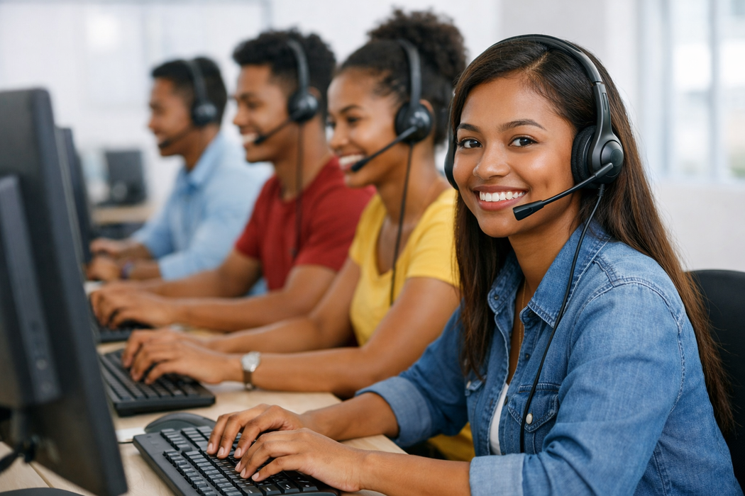 Apprenante malgache parlant en français avec un casque de call center